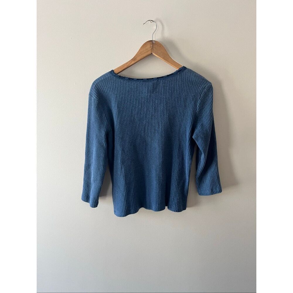 Lauren Ralph Lauren Blue Waffle Knit y2k 100% Cotton blouse L Lace Trim coquette - Picture 5 of 8